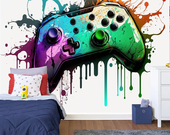Graffiti Gamepad Black Joysticks Colorful Teenage Room Art Print Photomural Wallpaper Mural Easy-Install Removeable Peel and Stick Decal Art