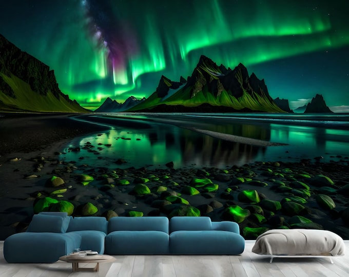 Stunning view of Green Aurora Borealis Shining at Night Sky Easy-Install Wall Mural Wallpaper Peel and Stick Modern Art Washable Non Woven