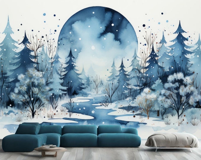 Minimalistic Watercolor Winter Theme AI Generated Gift, Art Print Photomural Wallpaper Mural Easy-Install Removeable Peel and Stick Decal