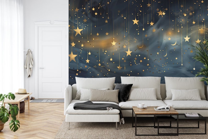 Night Sky Stars & Moon Wallpaper Mural: Peel and Stick Wall Decal - Etsy