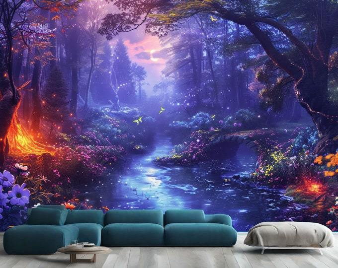 Magical Nighttime Walk in the Woods Gift, Art Print Photomural Wallpaper Mural Easy-Install Removeable Peel and Stick Large Wall Decal Art