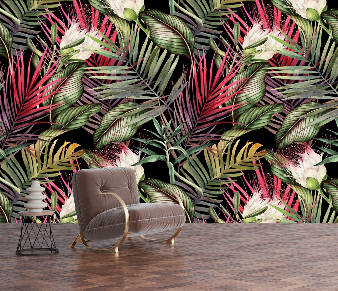 Tropical Flowers and Leaves Wallpaper Mural, Peel and Stick Decal - Etsy