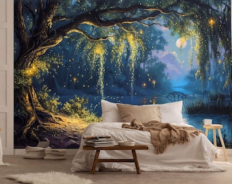 Mystical Forest Tree Sky Moon Romantic Gift, Art Print Photomural Wallpaper Mural Easy-Install Removeable Peel and Stick Large Wall Decal