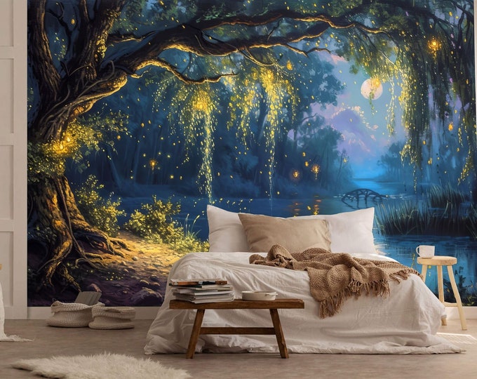 Mystical Forest Tree Sky Moon Romantic Gift, Art Print Photomural Wallpaper Mural Easy-Install Removeable Peel and Stick Large Wall Decal