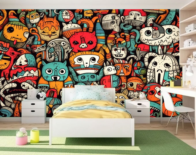 Kawaii doodle monsters, city, cat, robot Kids Room Decor, Generative AI Easy-Install Wall Mural Wallpaper Peel and Stick Modern Art Washable