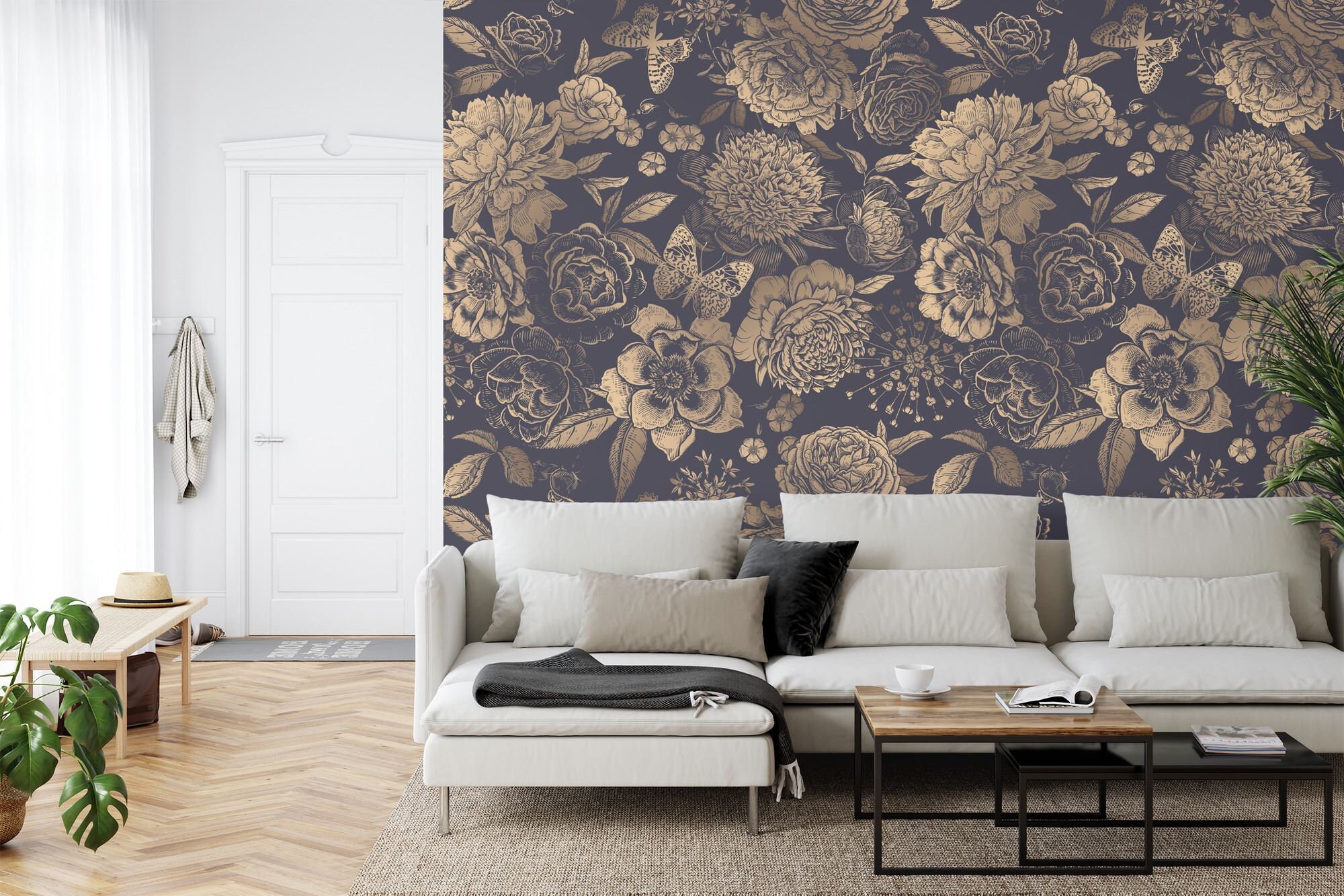 Black and Gold Peony Wallpaper Mural, Vintage Floral Peel and Stick ...