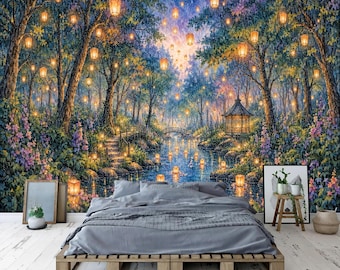 Enchanted Lantern Forest Art Print Wallpaper Mural, Peel and Stick
