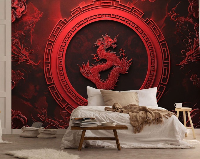 Dark Red and Light Black Chinese Dragon Gift, Art Print Photomural Wallpaper Mural Easy-Install Removeable Peel and Stick Large Wall Decal