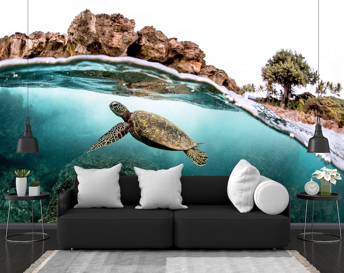 Turtle swim under tropical island, Gift, Art Print Photomural Wallpaper Mural Easy-Install Removeable Peel and Stick Large Photo Wall Decal