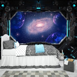 宇宙船の窓からの眺めギフト、星、天文学、子供部屋の装飾、簡単に取り付けられる壁画壁紙、剥がして貼るだけ、モダンアート、洗濯可能