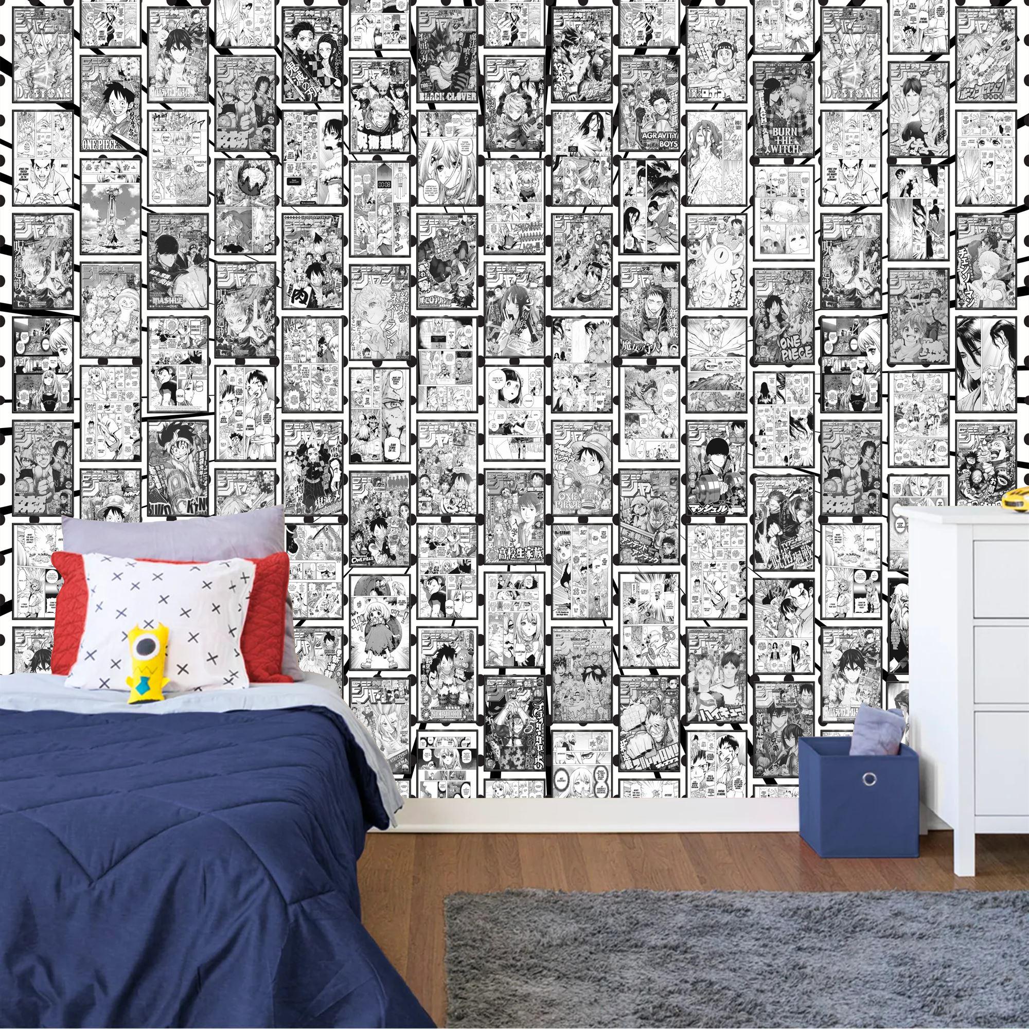Anime Manga Collage Black and White Wall Mural Comics Pages Washable, Removable or Peel & Stick Wallpaper, Superhero Gaming Playing Room