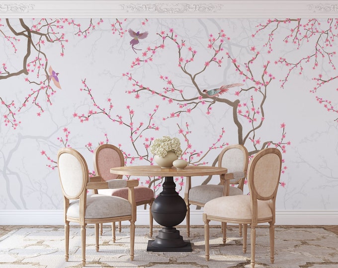 Branches Cherry Blossoms Birds Frescoes Gift, Art Print Photomural Wallpaper Mural Easy-Install Removeable Peel and Stick Large Wall Decal