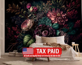 Baroque Floral Wall Mural, Rich Peonies, Peel and Stick Wallpaper