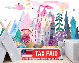 Watercolor Fairytale Castle Wallpaper Mural, Kids Nursery Decor, Peel and Stick