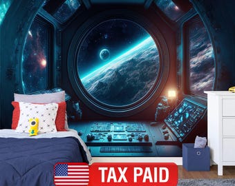 Spaceship Window  Wall Mural, Stars Astronomy Kids Room, Peel and Stick Wallpaper
