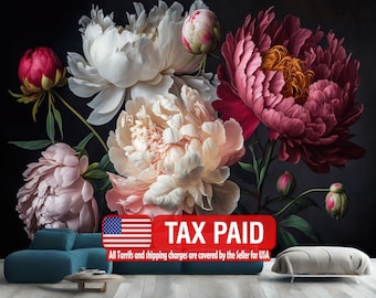 Baroque Peonies Wallpaper Mural, Rich Deep Colors, Easy-Install Peel and Stick