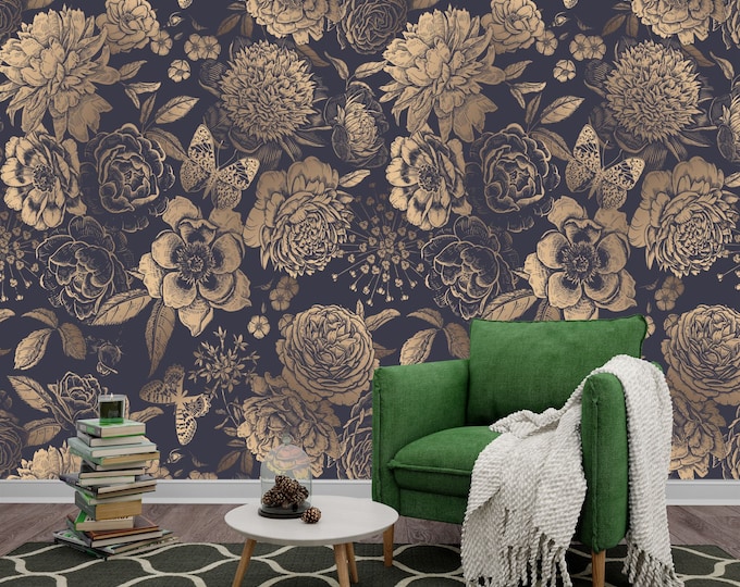 Vintage Black Gold Floral Dark Peony Pattern Gift, Art Print Photomural Wallpaper Mural Easy-Install Removeable Peel and Stick Large Decal