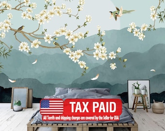 Chinoiserie Floral Wallpaper Mural, Birds and Flowers, Peel and Stick Decal