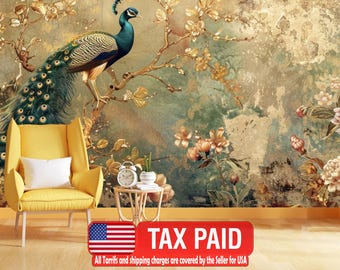 Peacock Art Print Wallpaper Mural, Removable Peel and Stick Wall Decal