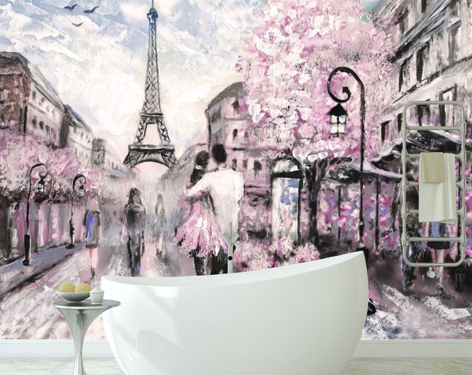 Oil Painting street view of Paris Art Print Photomural Wallpaper Mural Easy-Install Removeable Peel and Stick Premium Large Photo Wall Decal