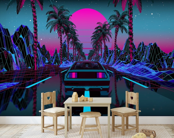 Vaporwave cyberpunk Digital Palm trees Out-Run Gift for Kids Room Teen Decor Easy-Install Wall Mural Wallpaper Peel and Stick Modern Art