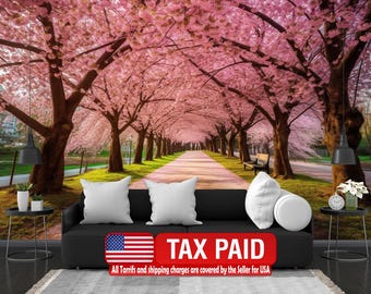 Sakura Pink Cherry Blossom Alley Wall Mural, Scenic Park Decor