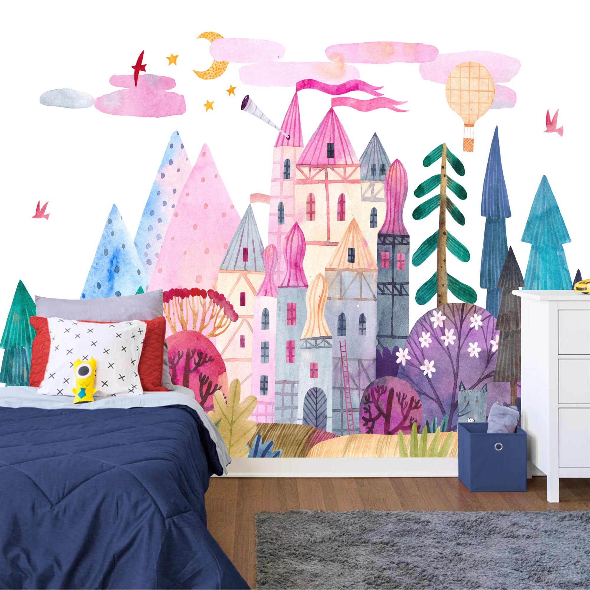 Watercolor Fairytale Castle Wallpaper Mural, Kids Nursery Decor, Peel ...
