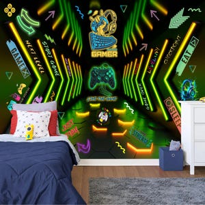 Gaming Room Game Playing Kids Room Decor Gift, Art Print Photomural Wallpaper Mural Easy-Install Removeable Peel and Stick Large Wall Decal