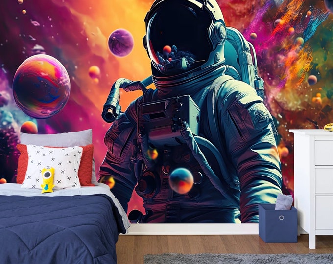 Spaceman Gift Colorful Psychedelic Galaxy, Art Print Photomural Wallpaper Mural Easy-Install Removeable Peel and Stick Large Wall Decal Art