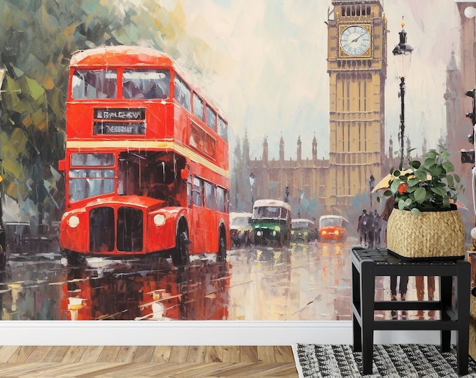 Oil painting London Street Big ben Gift Art Print Photomural Wallpaper Mural Easy-Install Removeable Peel and Stick Large Photo Wall Decal