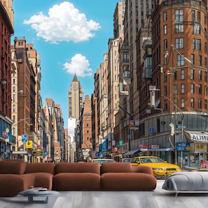 New York Zeichnung Stadt und gelbes Taxi Zimmer farbiger Geschenk Kunstdruck Fotowand Tapete Wandbild Einfach zu installierender Abziehbild zum Abziehen und Aufkleben