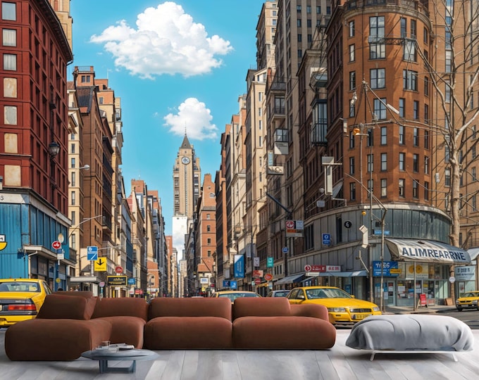 New York drawing city and yellow taxi Room Coloured Gift Art Print Photomural Wallpaper Mural Easy-Install Removeable Peel and Stick Decal