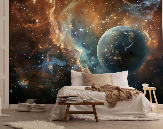 Earth in Space Galaxy Sparkling stars universe View Modern Home Decor Easy-Install Wall Mural Wallpaper Peel and Stick Modern Art Washable