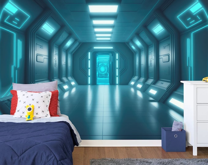Spaceship Corridor 3D Kids Room Mural Gift, Art Print Photomural Wallpaper Mural Easy-Install Removeable Peel and Stick Large Wall Decal Art