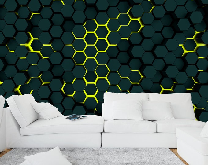 Dark Hexagons Mustard Green Lights Gift Art Print Photomural Wallpaper Mural Easy-Install Removeable Peel and Stick Large Photo Wall Decal