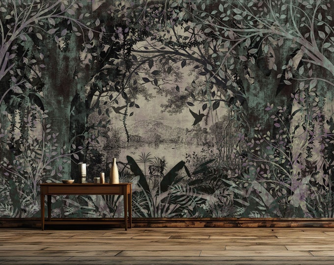 Landscape in Classic Old Style Vintage Forest Gift, Art Print Photomural Wallpaper Mural Easy-Install Removeable Peel and Stick Wall Decal