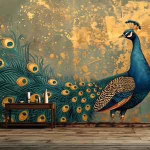 Vintage Chinoiserie Pfau Luxusdekor Geschenk, Kunstdruck Fototapete Wandbild Einfach zu installierendes entfernbares Schälen und aufkleben großes Wandtattoo