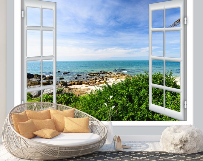 Open Window Sunny Sea View Art Print Photomural Wallpaper Mural Easy-Install Removeable Peel and Stick Premium Large Image Photo Wall Decal