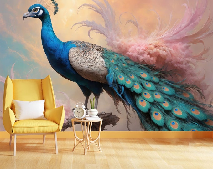 Magical Wild Peacock in Pastel Color Gift, Art Print Photomural Wallpaper Mural Easy-Install Removeable Peel and Stick Large Wall Decal Art