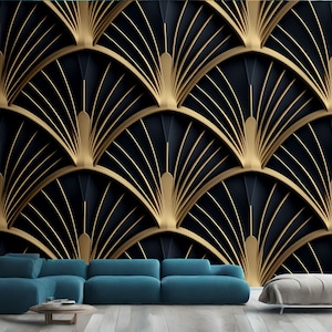 Goldenes Art-Deco-Jakobsmuschel-Palme-Fächer-modernes Geschenk, Kunstdruck-Fototapeten-Wandbild einfach zu installierendes abziehbares großes Wandtattoo