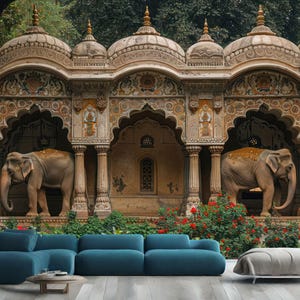 Traditional Mughal Elephants Indian Home Decor Wall Gift, Art Print Photomural Wallpaper Mural Easy-Install Removeable Peel and Stick Decal