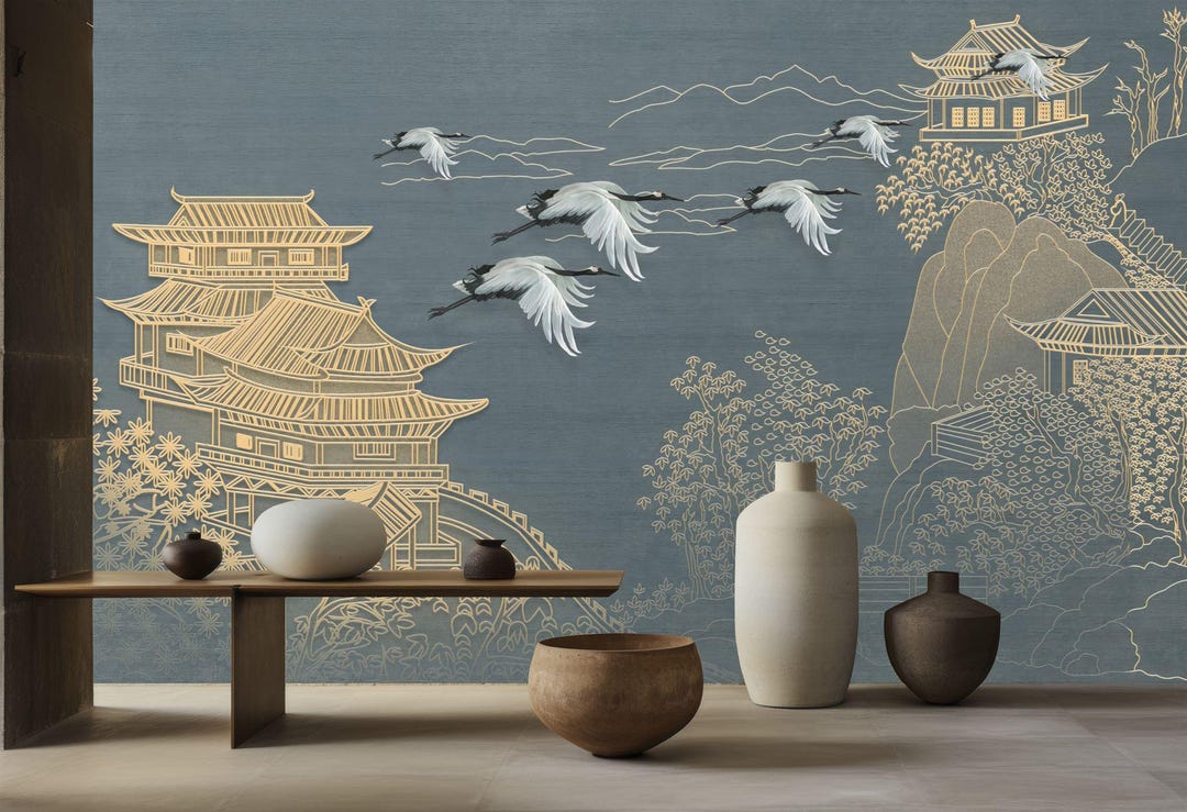 Japanese Chinoiserie Flying Cranes Classic Wall Gift, Art Print ...
