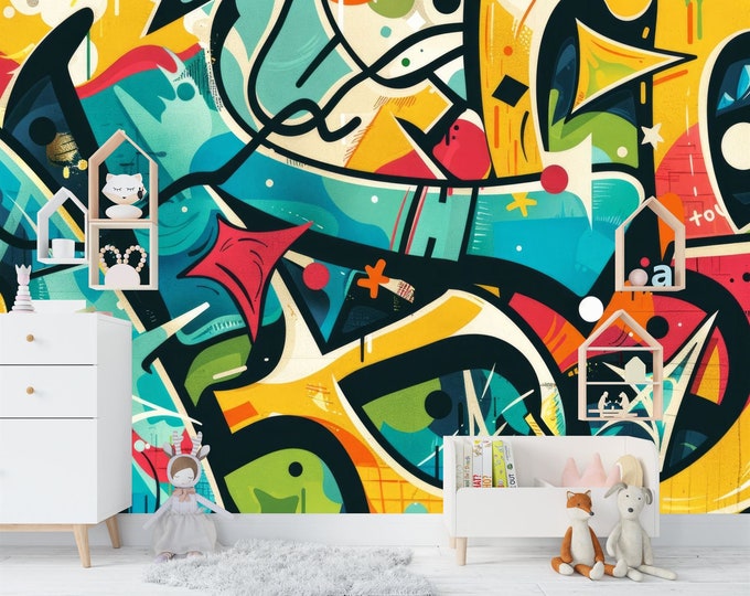 Vivid Grunge Graffiti Kids Teenager Gift, Art Print Photomural Wallpaper Mural Easy-Install Removeable Peel and Stick Large Wall Decal Art
