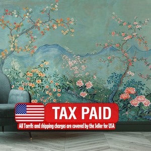 Chinoiserie Blossom Tree Wallpaper Mural – Japanese Mountain Art, Peel and Stick
