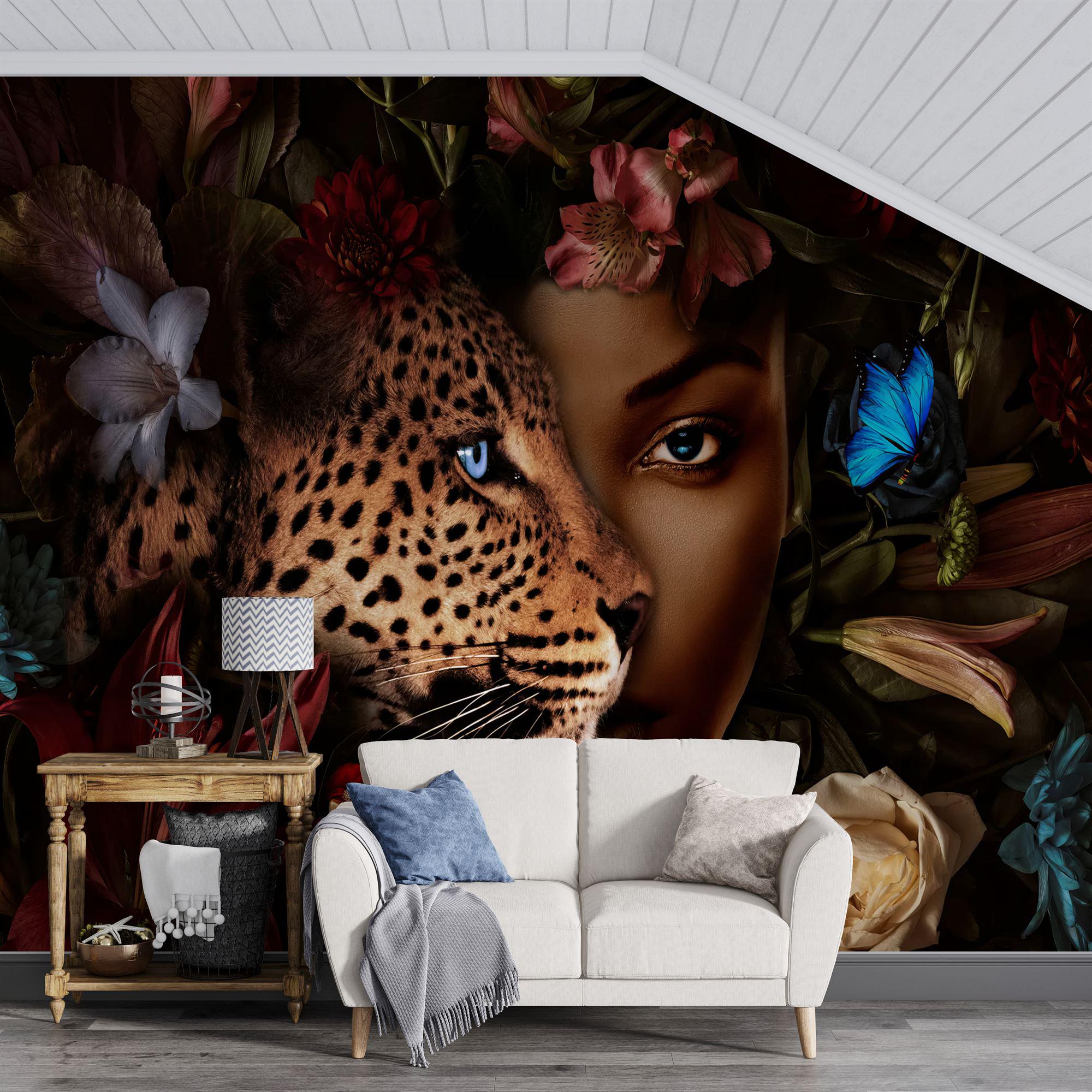 Dark Floral Leopard Wallpaper Mural, Peel and Stick Decal - Etsy UK