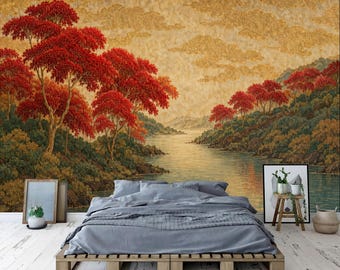 Gold Red Maple River Art Wallpaper Mural, Peel and Stick