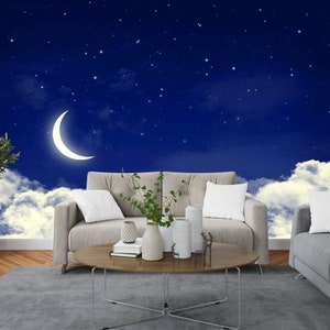 Romantic Calm Sky Stars Cresent Clouds Home Room Decor, Gift Wallpaper Easy-Install Wall Mural Wallpaper Peel and Stick Modern Art Washable