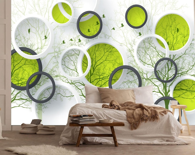 Modern Abstract Trees and Birds Decor Gift, Art Print Photomural Wallpaper Mural Easy-Install Removeable Peel and Stick Large Wall Decal Art