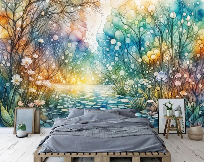Radiant crystalline garden Colorful Forest stream Nature Home Decor Easy-Install Wall Mural Wallpaper Peel and Stick Modern Art Washable New