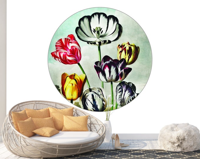 Circle Art Form Tulip Flowers Pastel Colors Photomural Wall Décor Easy-Install Removable Self-Adhesive Peel & Stick High Quality Sticker